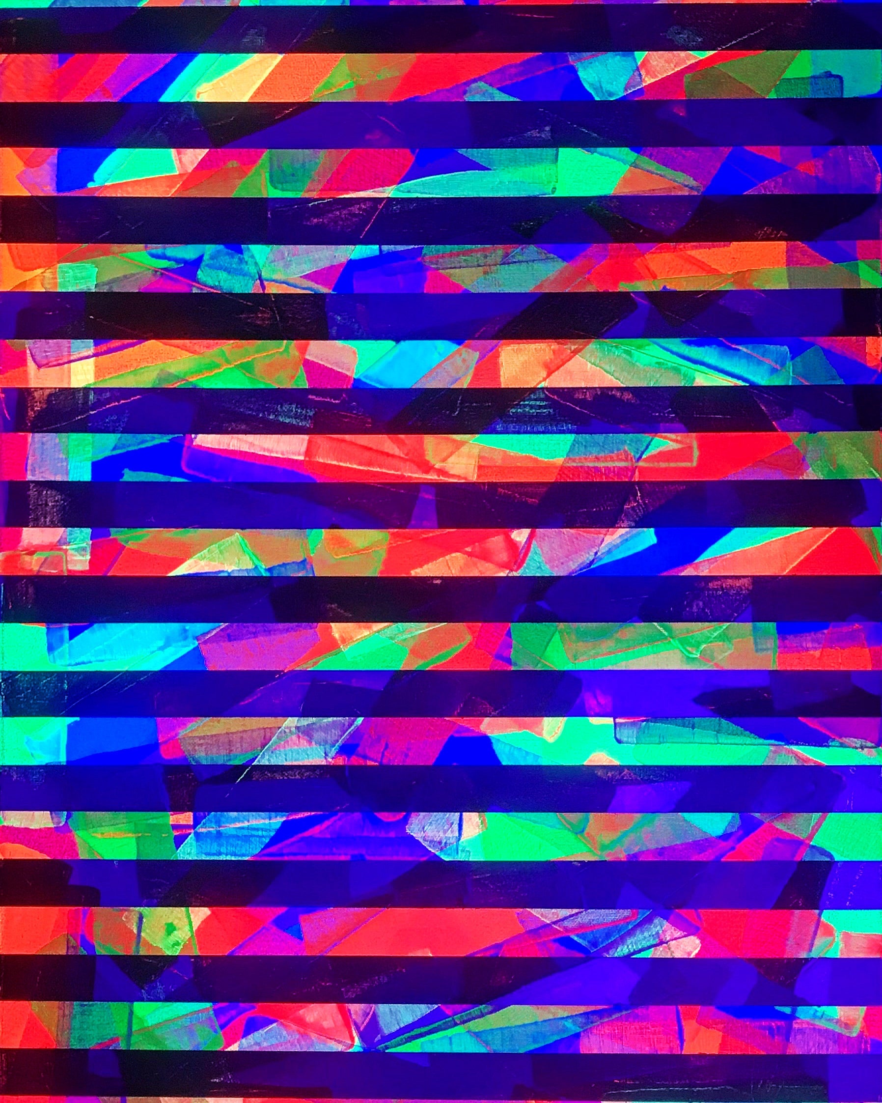 Metallic and fluorescent acrylics painting with colorful stripes, under UV light